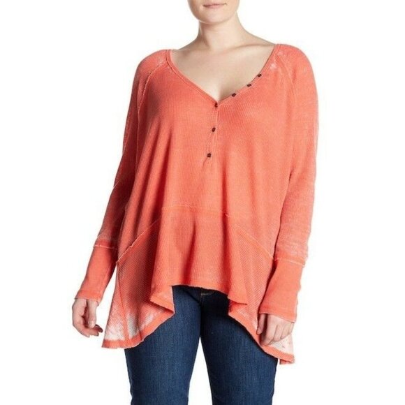 NWT Melrose and Market XS V-Neck Waffle Knit Hi-Lo Henley Peplum Orange Burnout - Picture 1 of 5